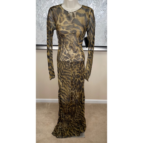 RETROFETE Vienna Silk Sheer Long Sleeve Open Back Animal Print Maxi Dress Sz S - Picture 4 of 9